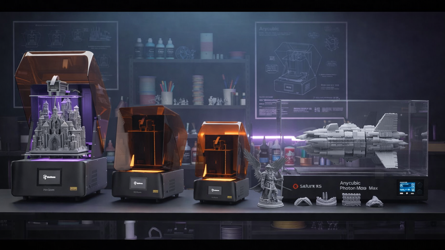 Moody workshop scene with resin 3D printers glowing under amber covers and detailed miniature models on display.