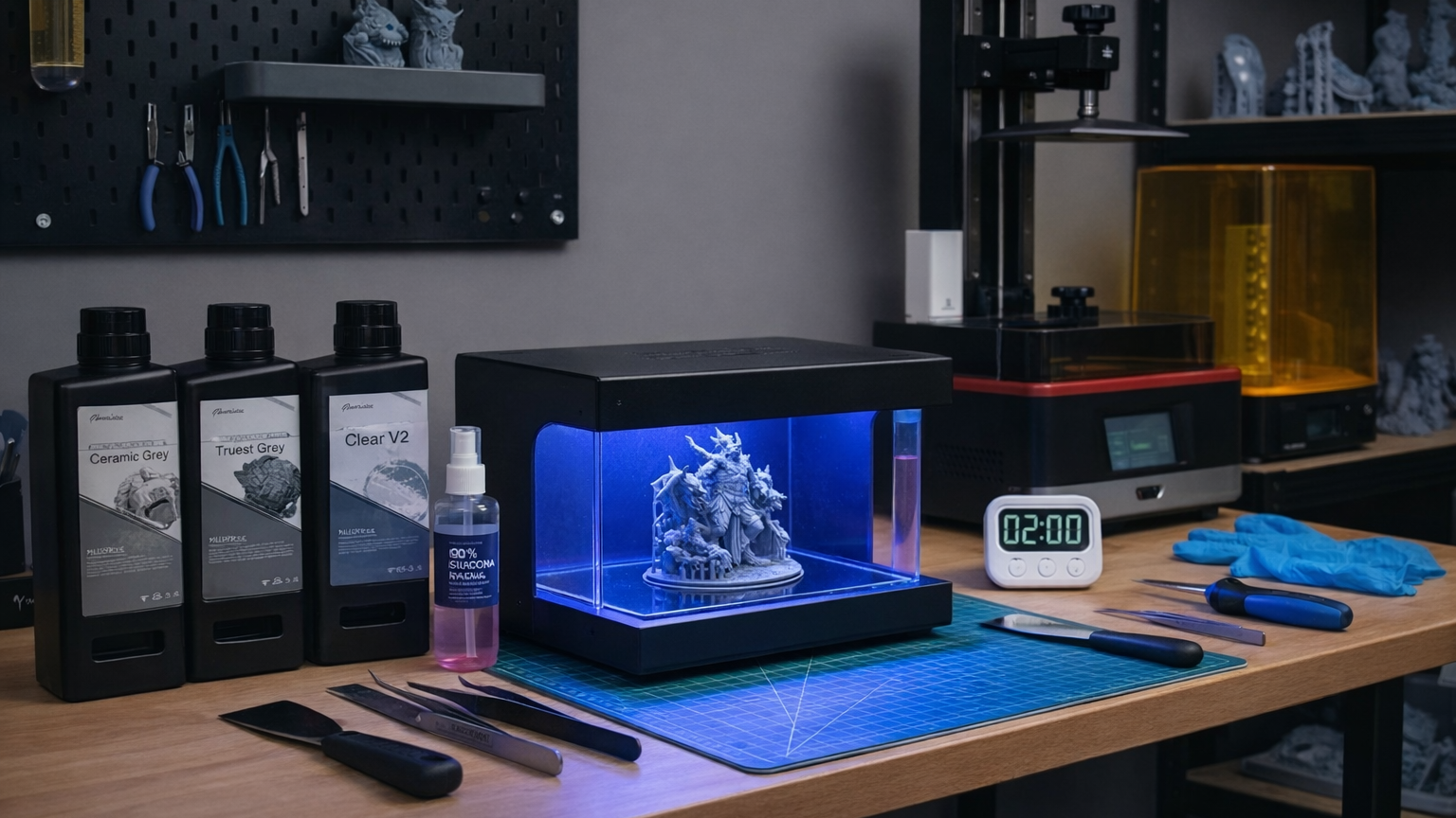 UV resin curing setup for resin 3D prints with curing chamber, resin bottles, timer, and post-processing tools