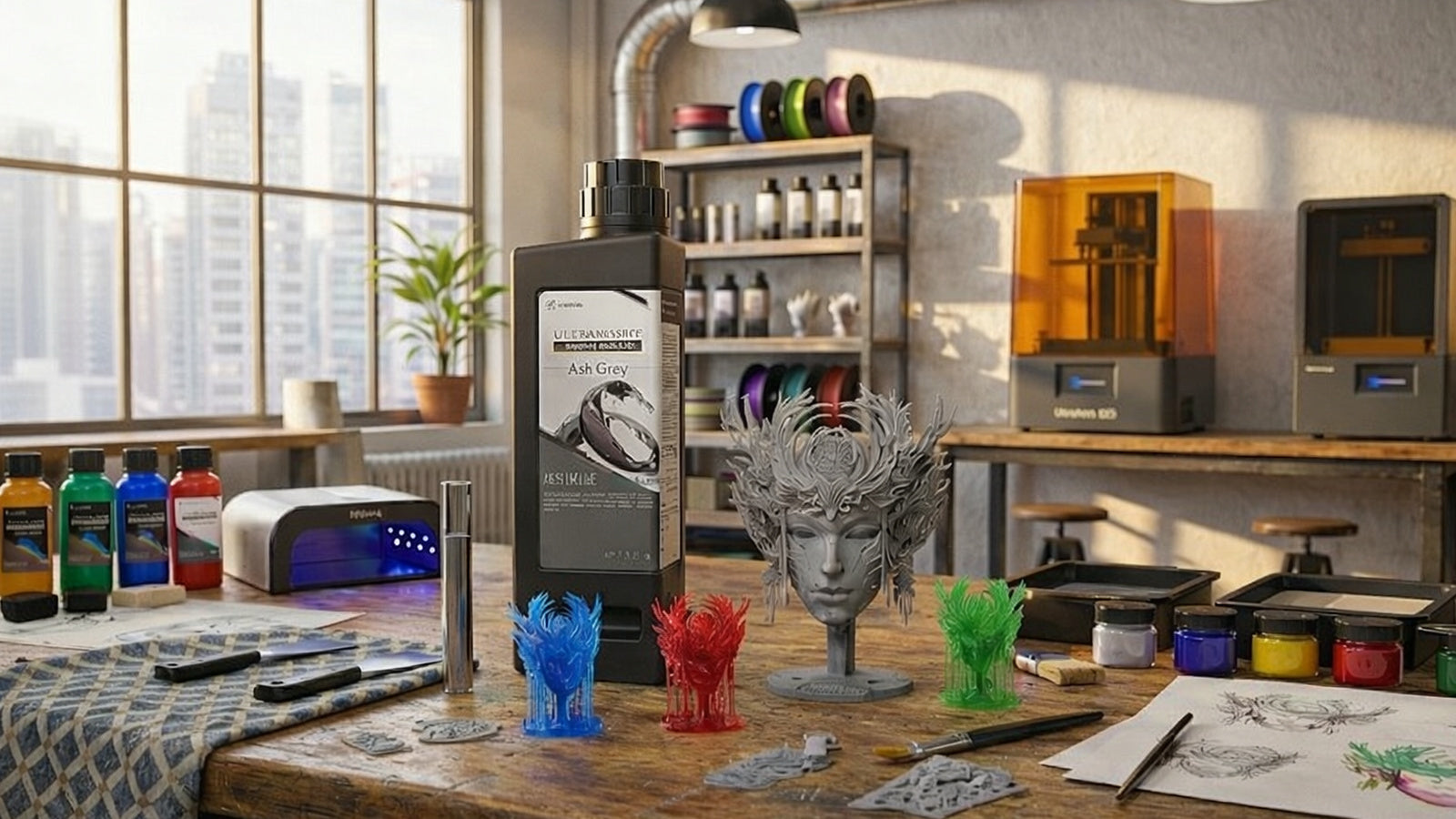 HeyGears PAWW10 water washable resin with 3D printed models in a professional resin printing workshop
