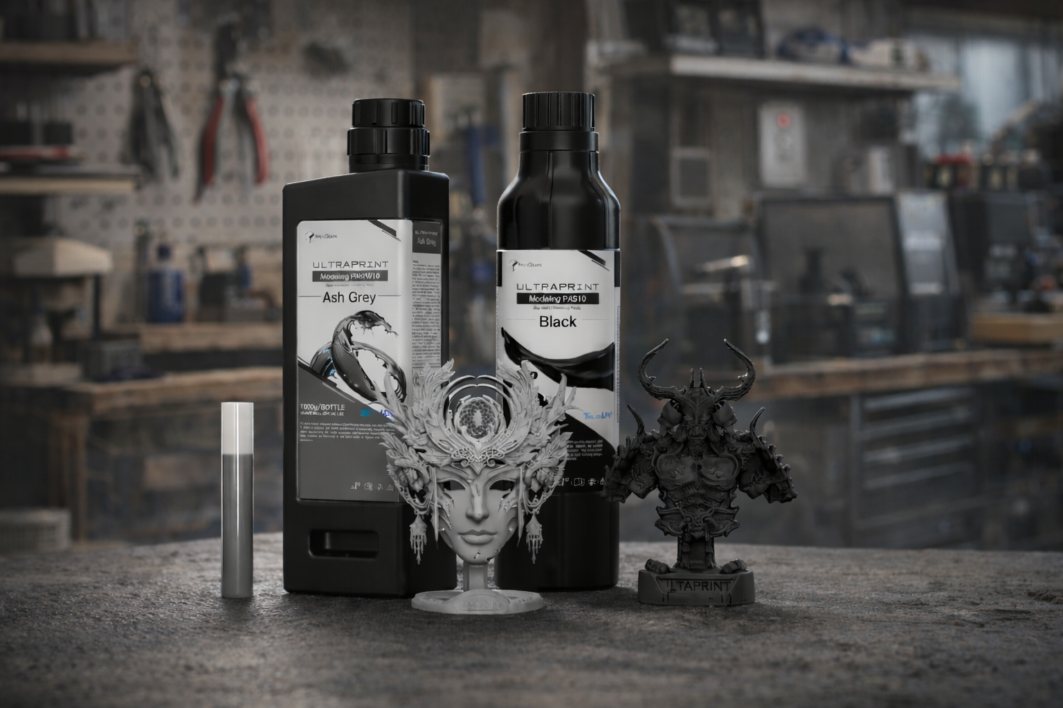 UltraPrint resin bottles with detailed gray and black 3D-printed models displayed on a workshop bench.