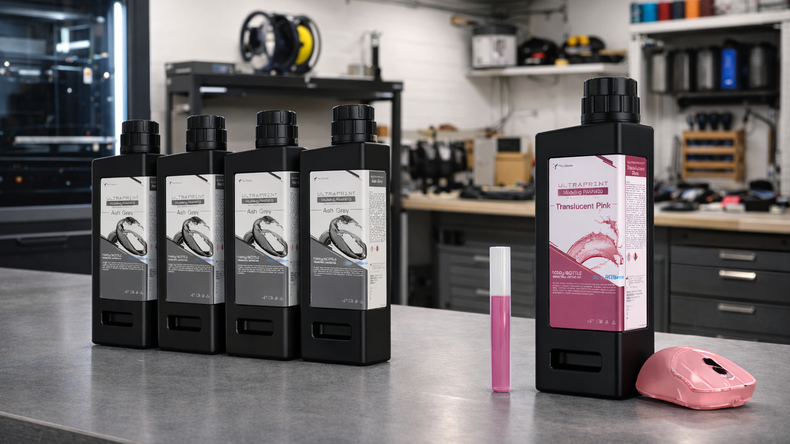 UltraPrint resin bottles in ash grey and translucent pink displayed on a workshop table with a pink sample tube.