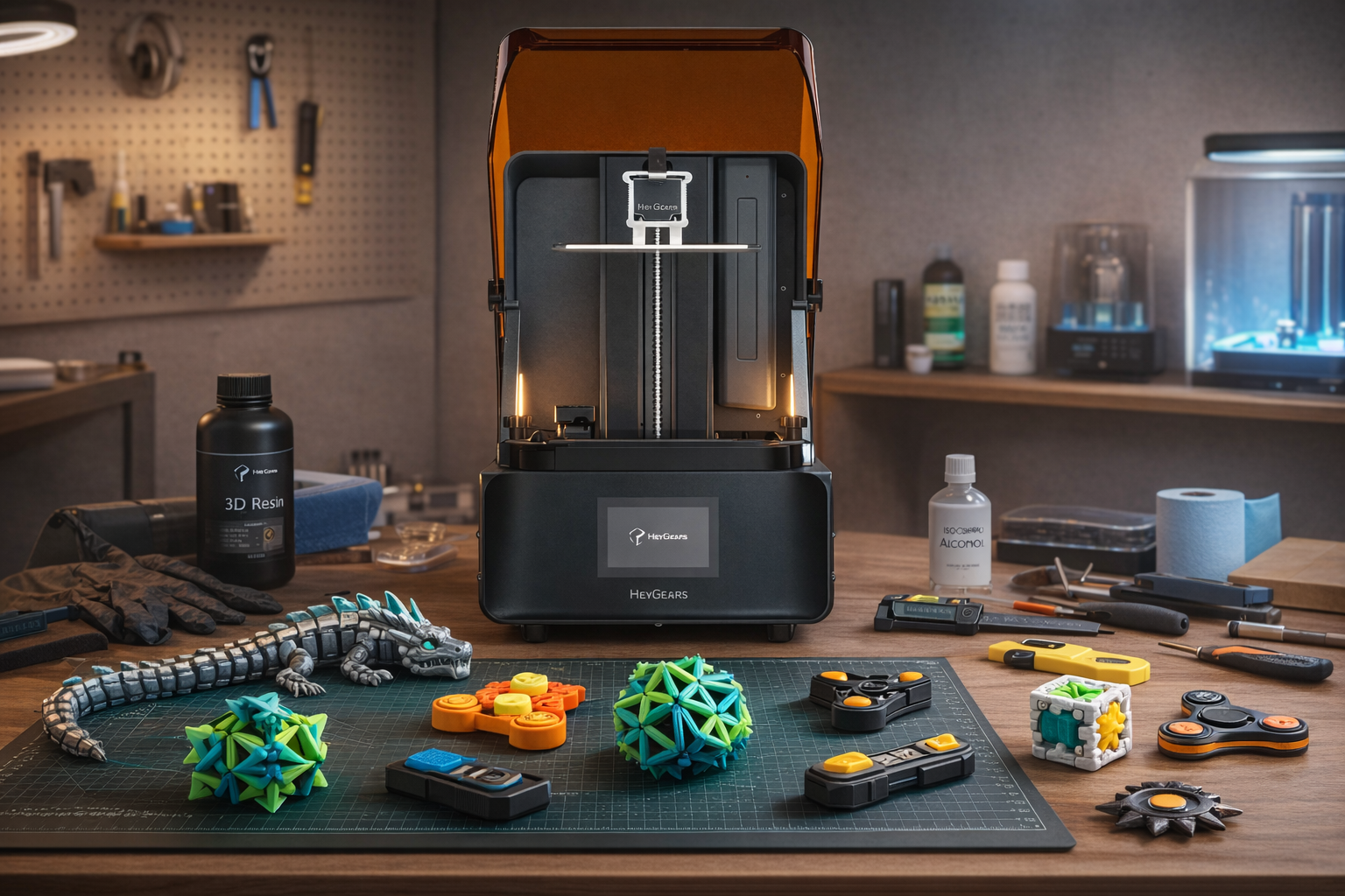 HeyGears Reflex RS 3D printer with 3D printed fidget toys in a modern workshop