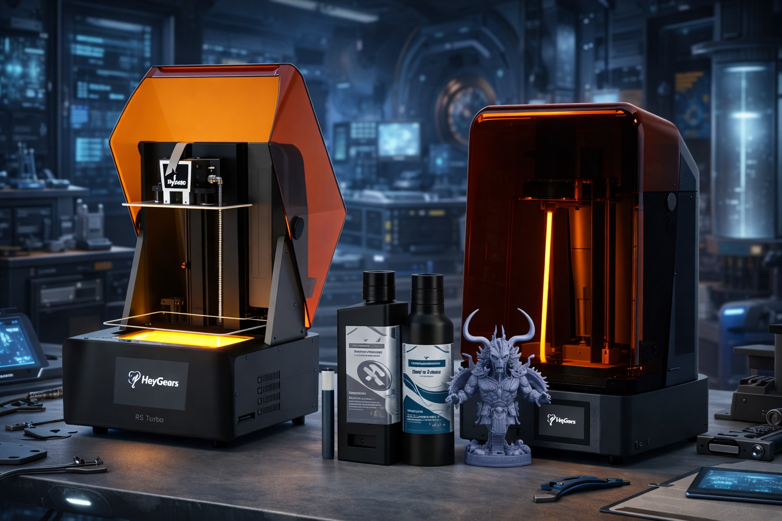 HeyGears RS Turbo and Reflex 2 Pro resin 3D printers in a futuristic printing lab