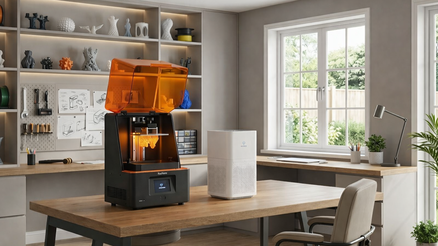 Modern home workshop with a resin 3D printer, organized shelves, and bright windows.