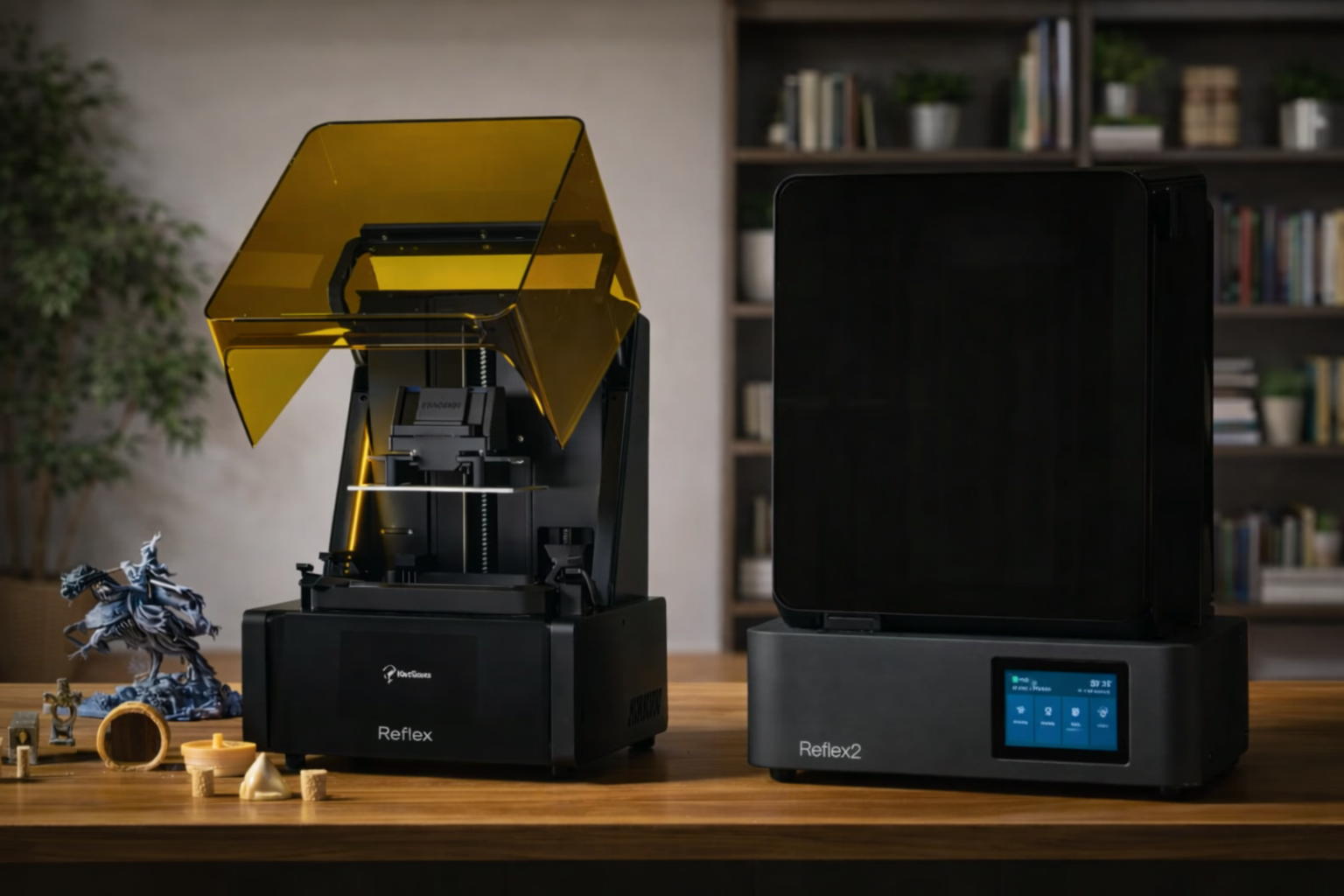 Reflex and Reflex 2 resin 3D printers in a modern workspace scene