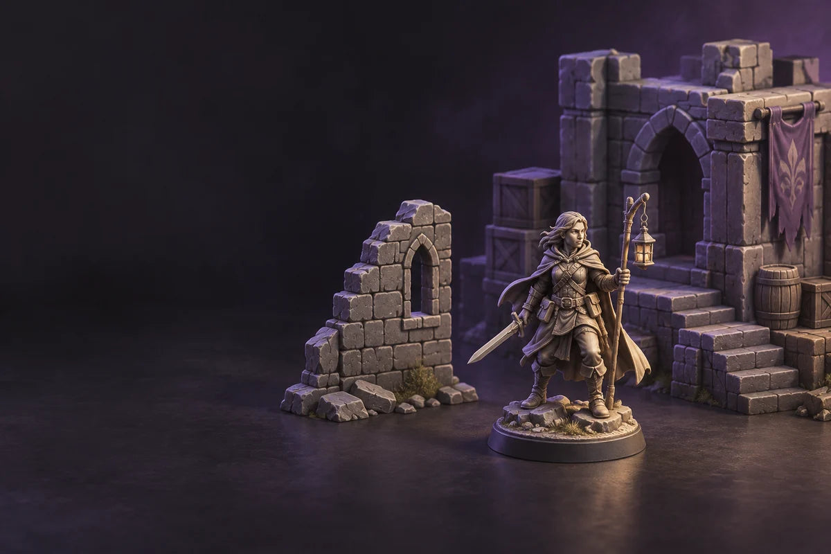 A generic fantasy miniature with a small ruined wall and larger terrain pieces in a dark, violet-accented concept scene.