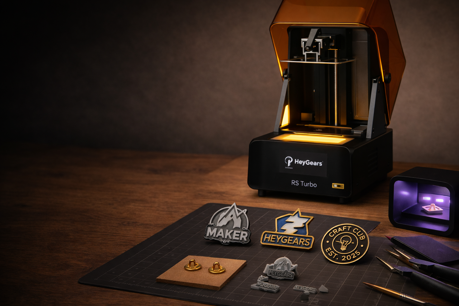 RS Turbo 3D printer for custom pin resin printing in a professional desktop workshop scene