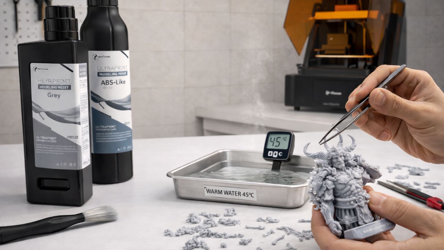 Using 45°C warm water to remove supports from a resin 3D print with HeyGears ABS-like resin