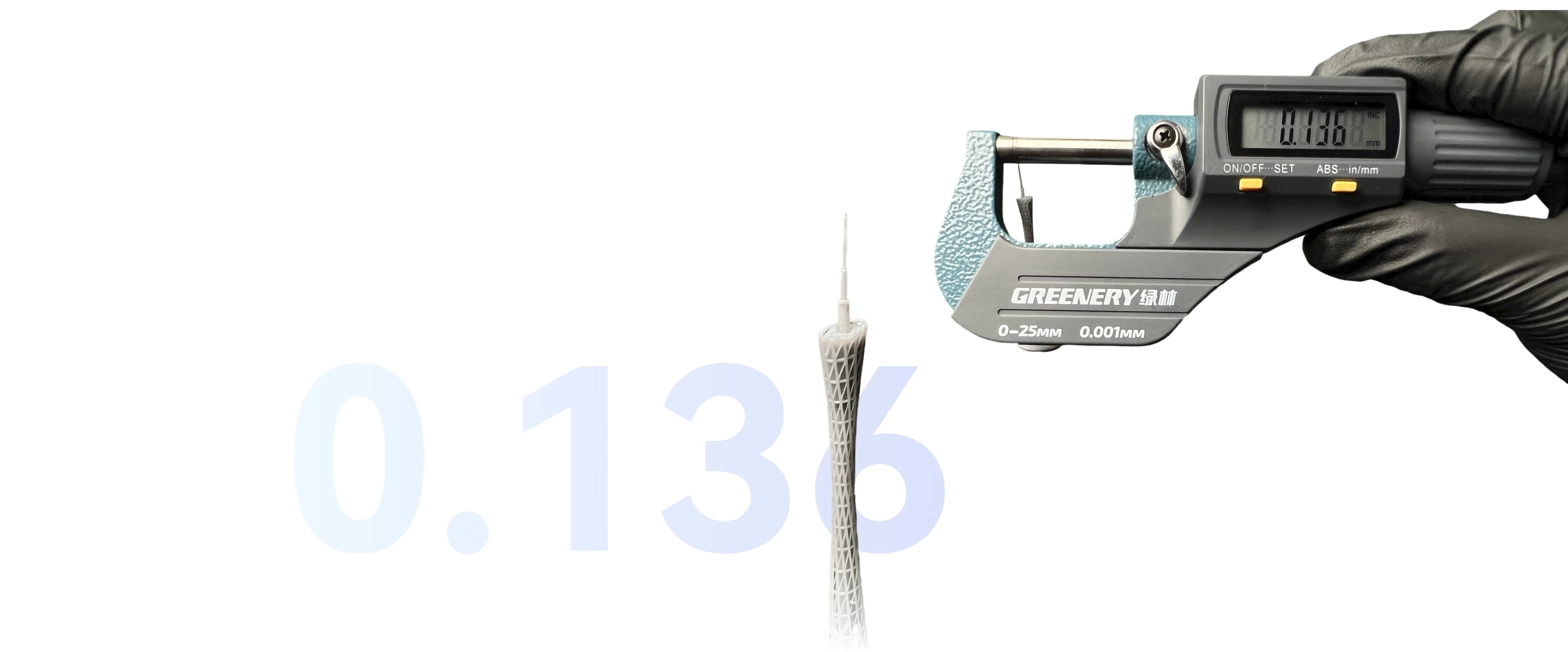 HeyGears Reflex resin 3D printed Canton Tower model, micrometer measuring 0.136mm thin part