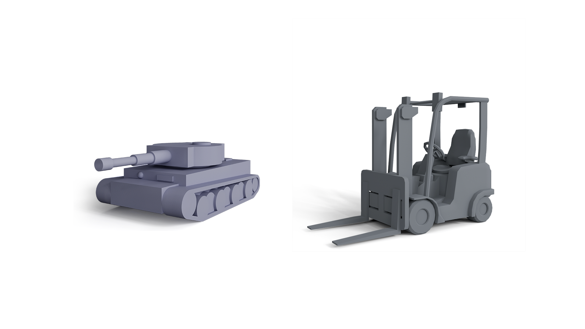 HeyGears Resin 3D Printed Models: Military Tank and Industrial Forklift Prototypes