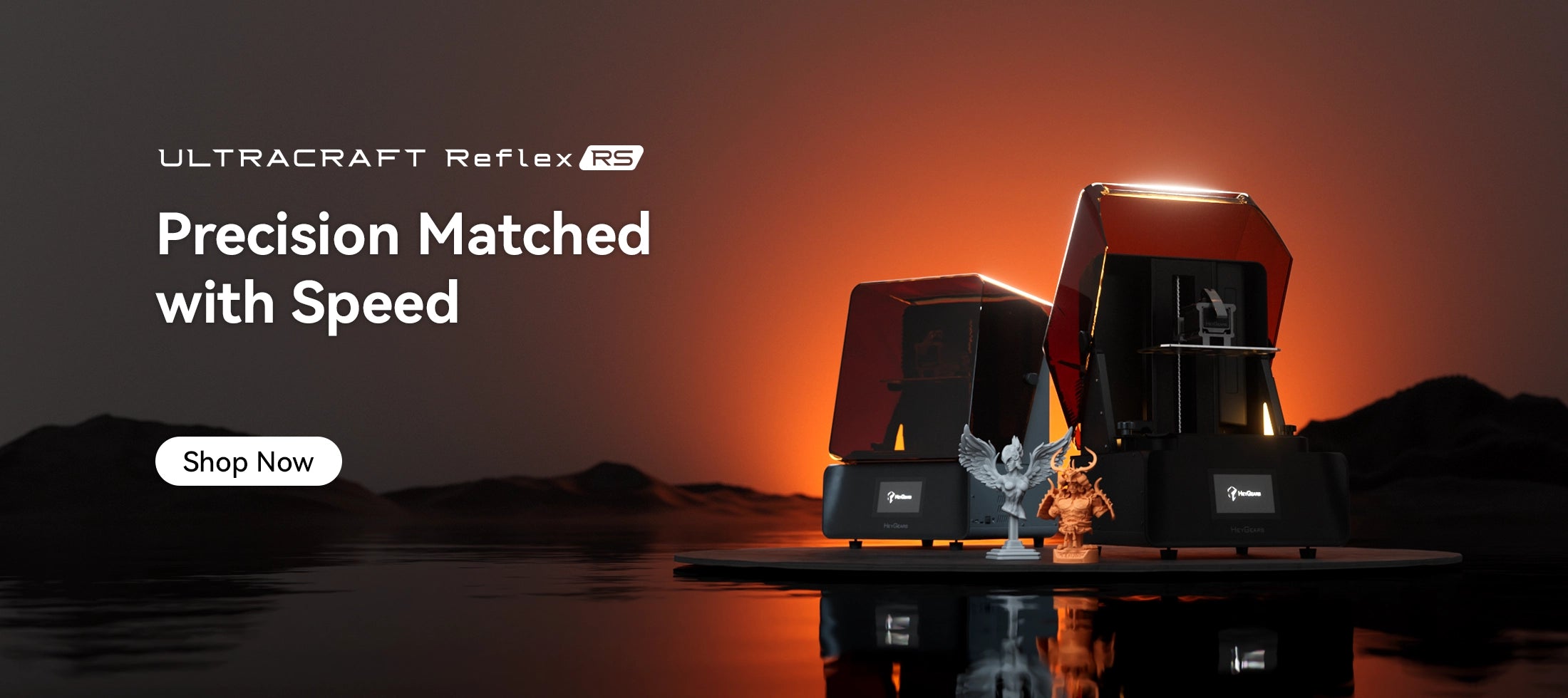 HeyGears Reflex RS resin 3D printers, showcasing precision and speed, with detailed printed models
