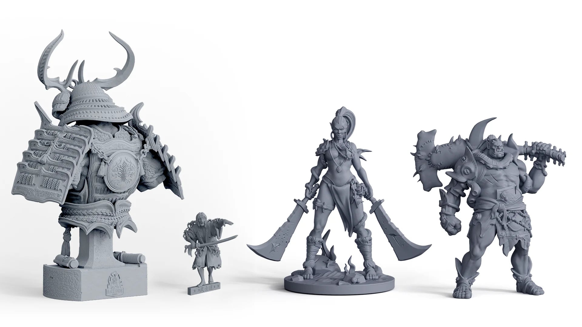 HeyGears Resin 3D Printed Fantasy Figurines: Armored Samurai, Elf Warrior, and Orc with Weapons Collection