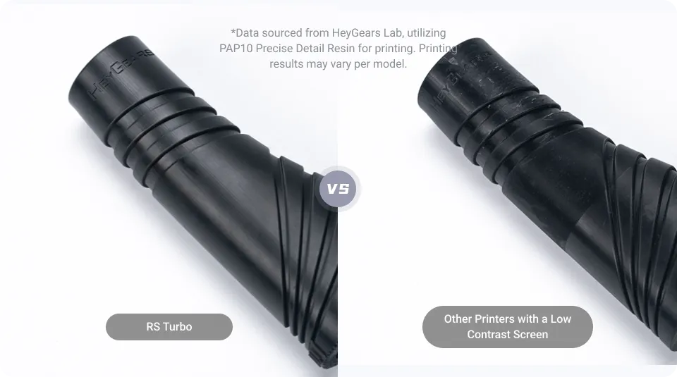 HeyGears RS Turbo black part 3D printed with PAP10 resin, smooth defect-free surface from amber screen optical film technology