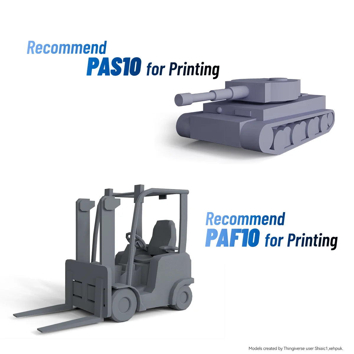 HeyGears 3D printed vehicles and machines: PAS10 for smooth models, PAF10 for break-resistant models