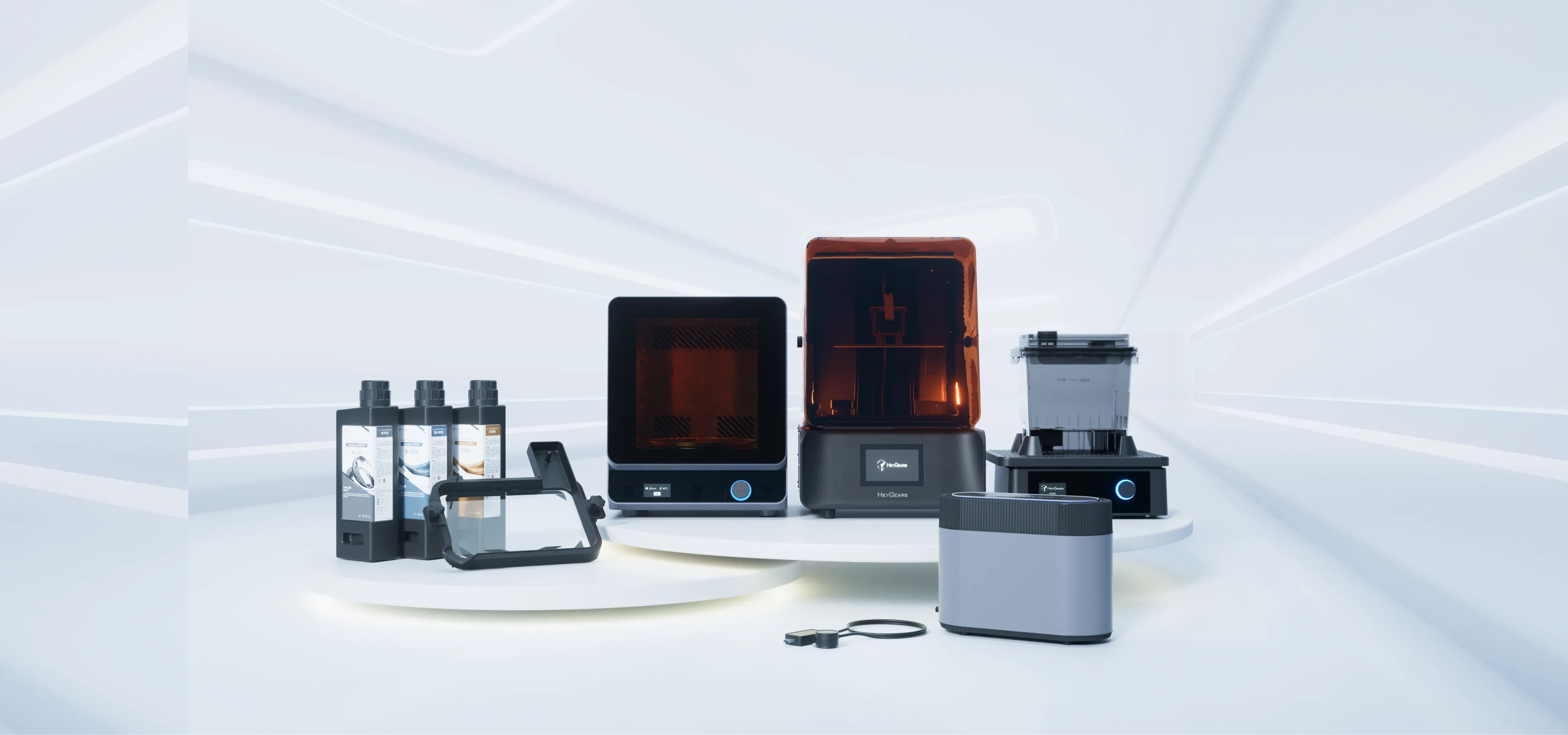 HeyGears 3D printing products including resin 3d printers, 3d printing resins, and accessories