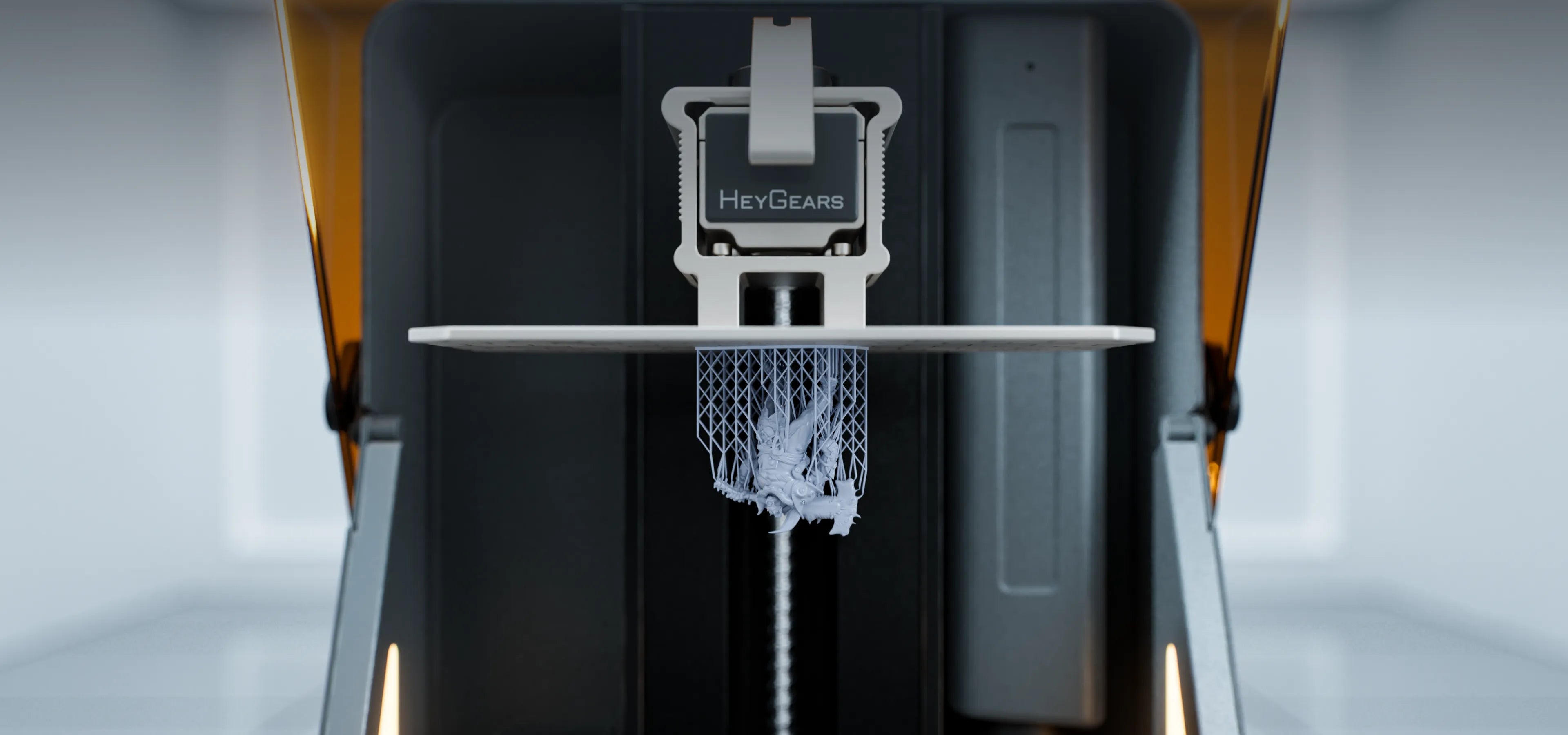 HeyGears resin 3D printer printing detailed figurine with support structures