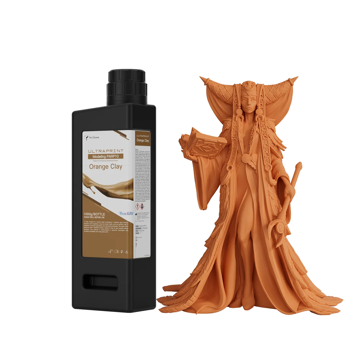 UltraPrint-Modeling PARP10 Orange Clay resin beside a detailed prototype model print.