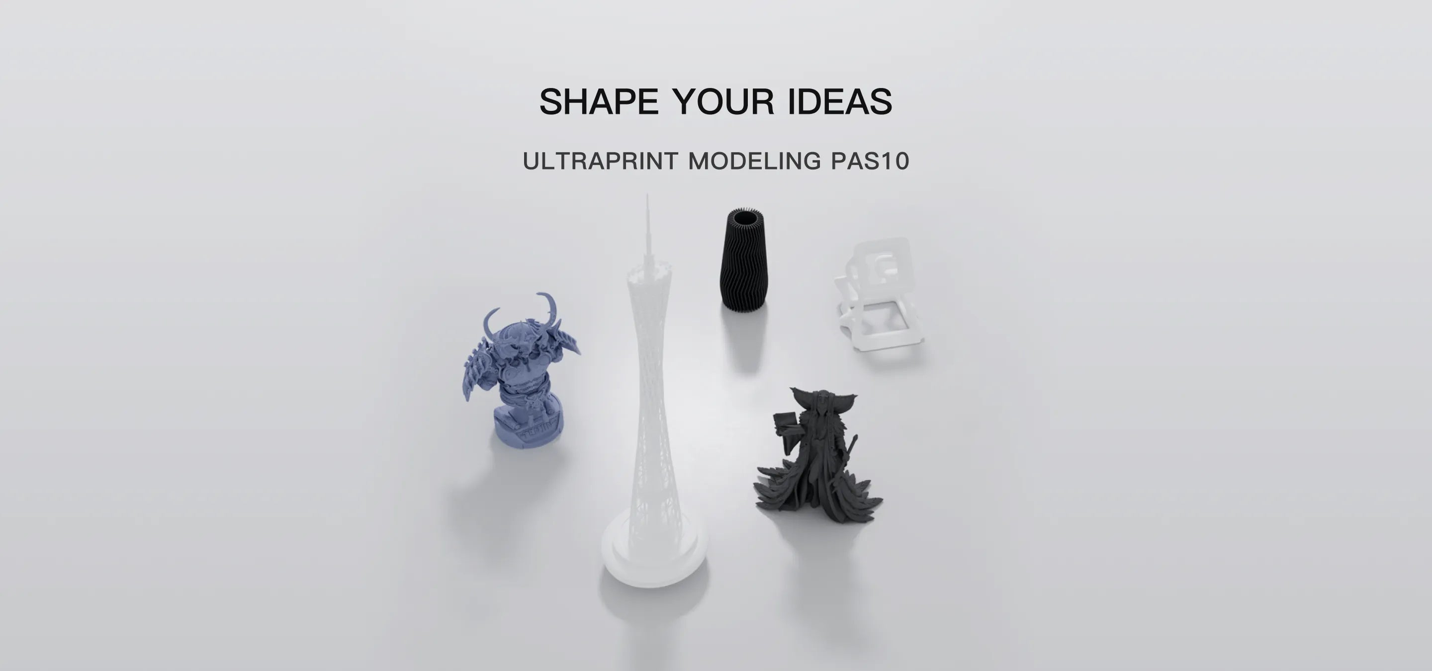 HeyGears PAS10 resin available in purple, black, and white, shown as 3D printed models