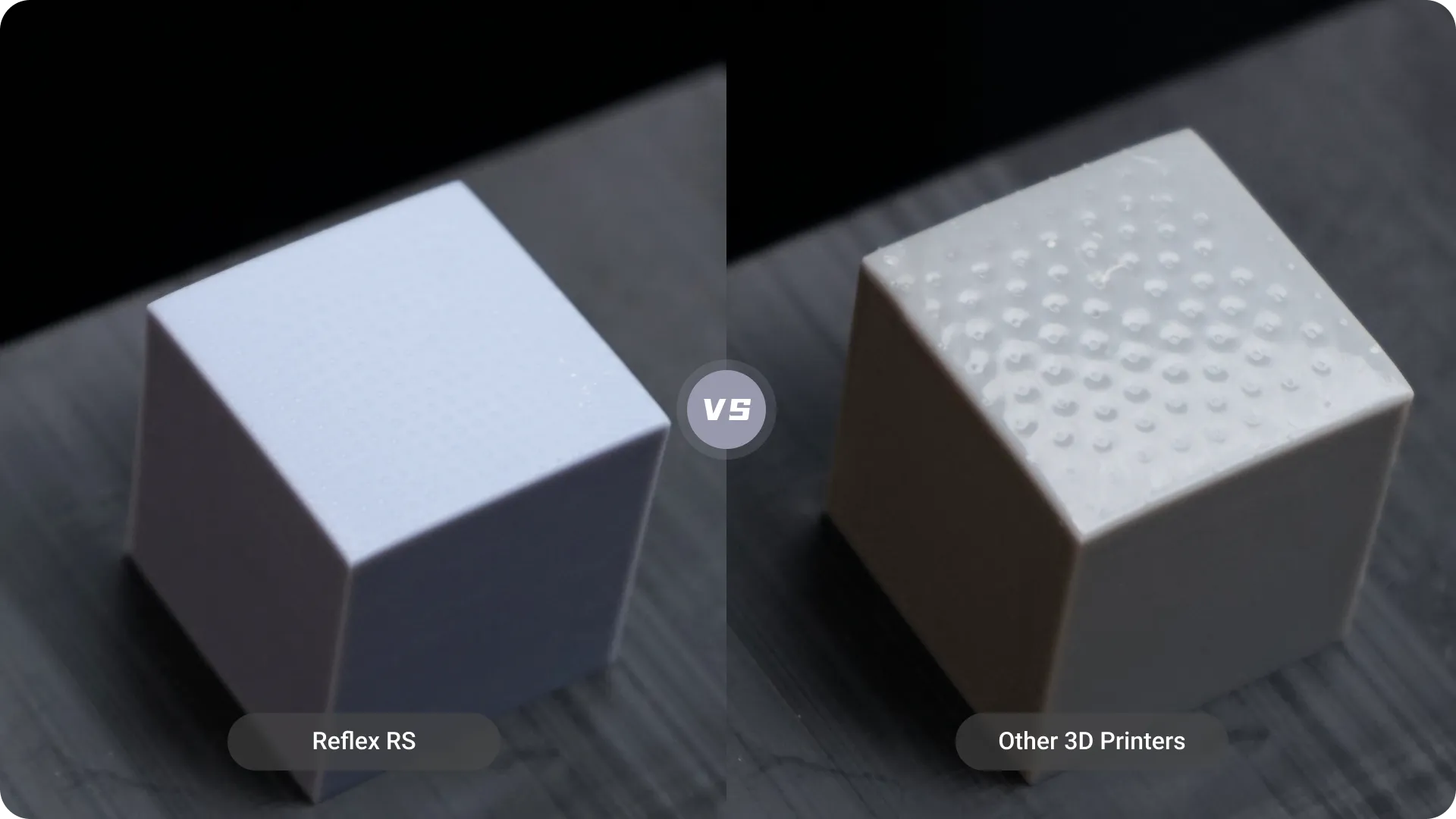 HeyGears Reflex RS Z-axis compensation technology comparison showing reduced layer lines for smoother 3D printed surfaces