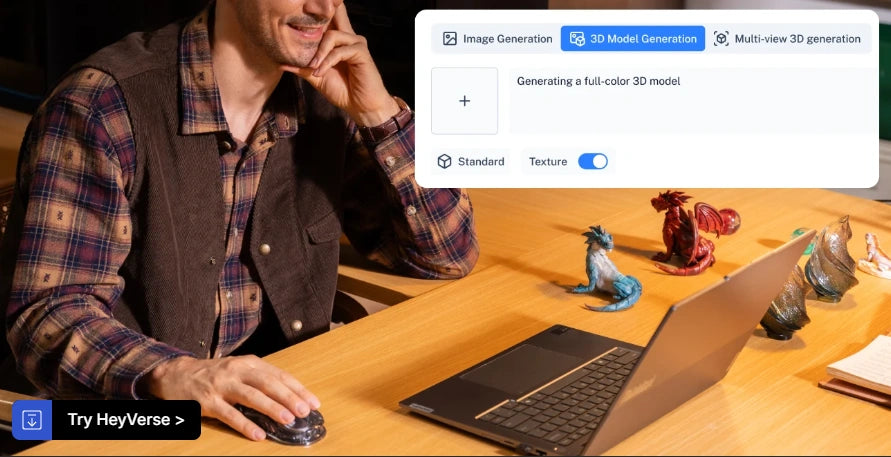 User creating printable 3D designs with HeyVerse on a laptop, showing AI-assisted 3D model generation for HeyGears G1X 3D Edition.