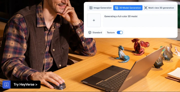User creating printable 3D designs with HeyVerse on a laptop, showing AI-assisted 3D model generation for HeyGears G1X 3D Edition.