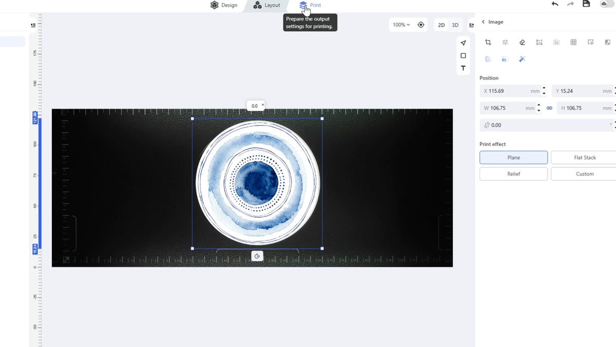 HeyGears Blueprint Studio interface showing a blue circular design with positioning tools and UV print effect settings for G1X UV Edition.
