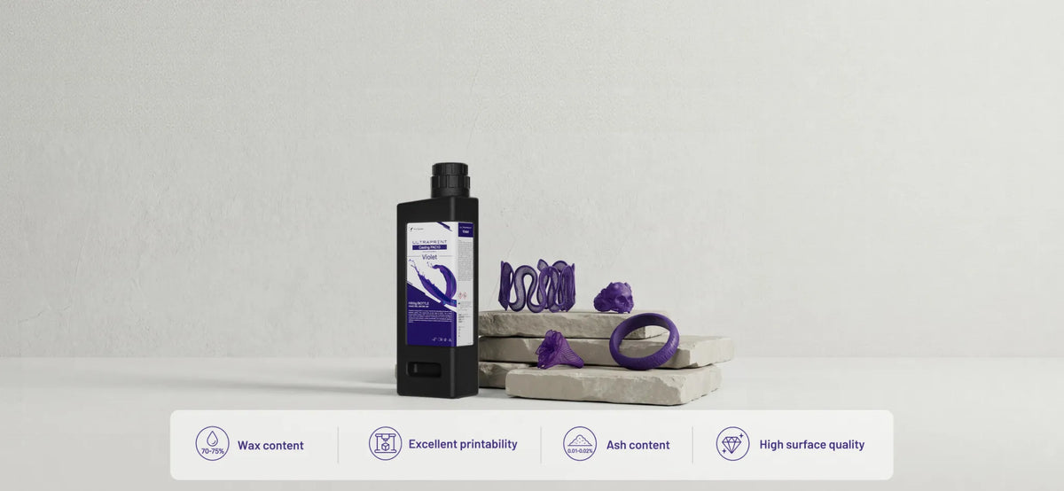 HeyGears PAC10 wax casting resin bottle displayed with purple jewelry models, highlighting high wax content, excellent printability, low ash content and high surface quality.