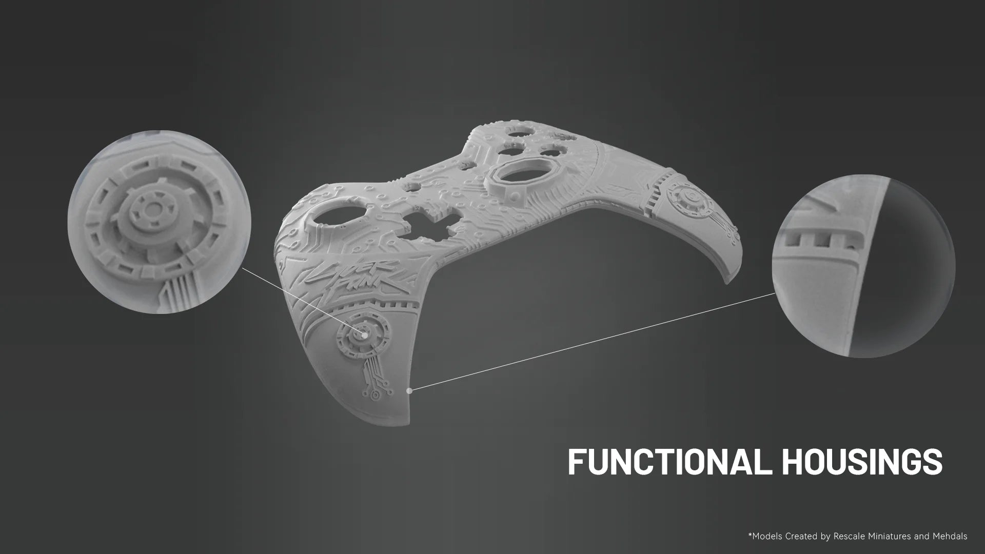 Functional game controller housing printed with HeyGears PAU11 ABS-like resin for tough, dimensionally accurate end-use parts.