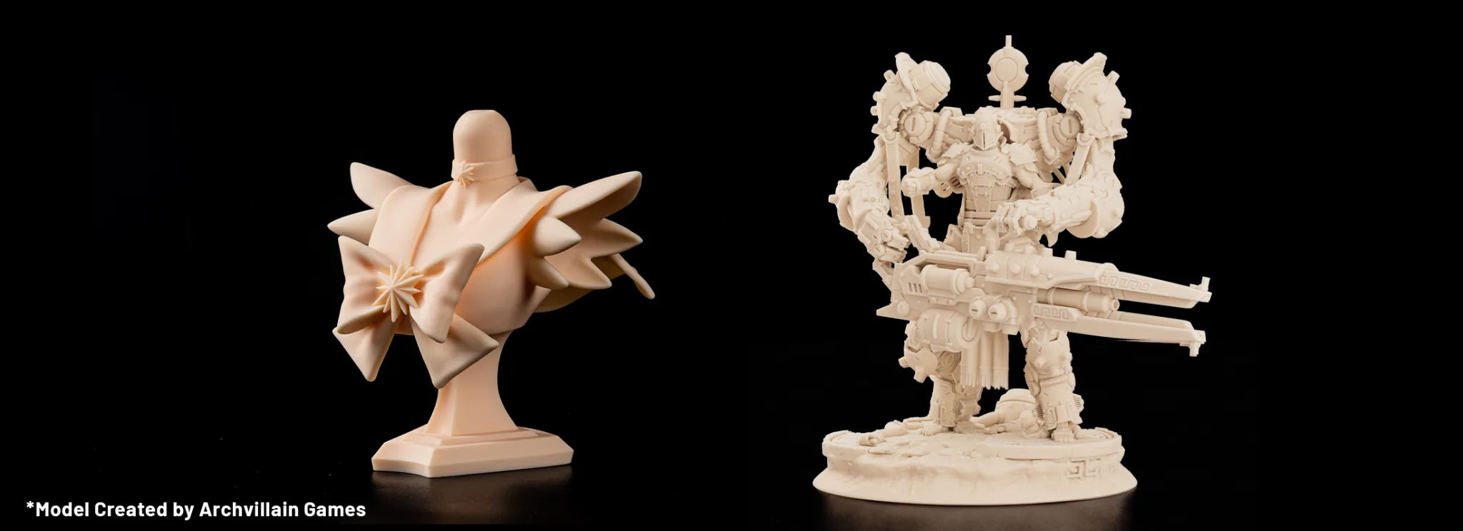 Two detailed PAWR10 resin 3D printed miniatures—a stylized bust and mechanical warrior—showing fine surface detail.