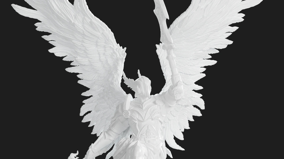 White fantasy warrior miniature printed with HeyGears PAF10 White resin, highlighting a smooth matte surface and crisp model details.