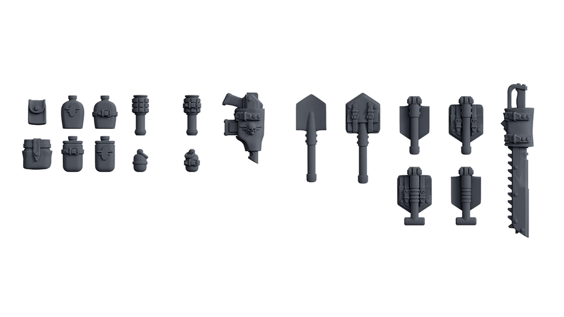 HeyGears Resin 3D Printed Military Accessories: Tactical Pouches, Grenades, Shovel, and Chainsword Models