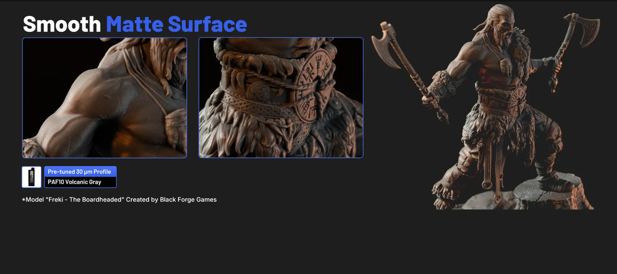 Painted fantasy warrior miniature printed with HeyGears PAF10 Volcanic Gray resin, showing a smooth matte surface and fine details.