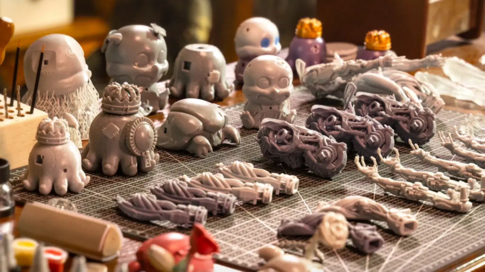 Collection of detailed 3D printed toy parts and figures on a workbench.