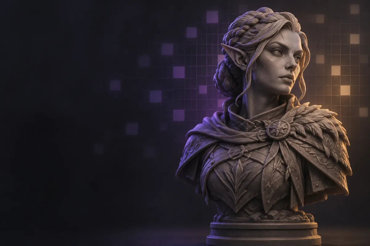 A generic fantasy miniature bust beside an abstract pixel grid, illustrating how screen specifications relate to visible detail.