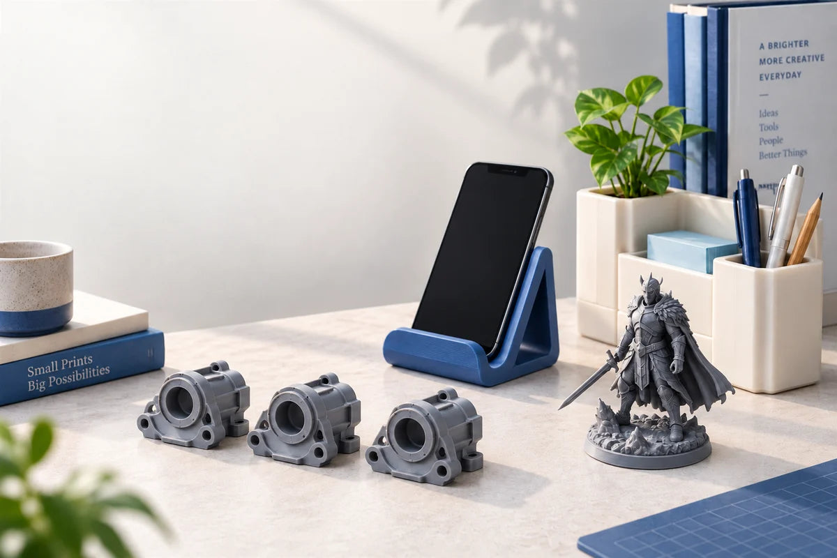 Everyday 3D printing concept featuring a phone stand, desk organizer, prototype housings and a detailed miniature.