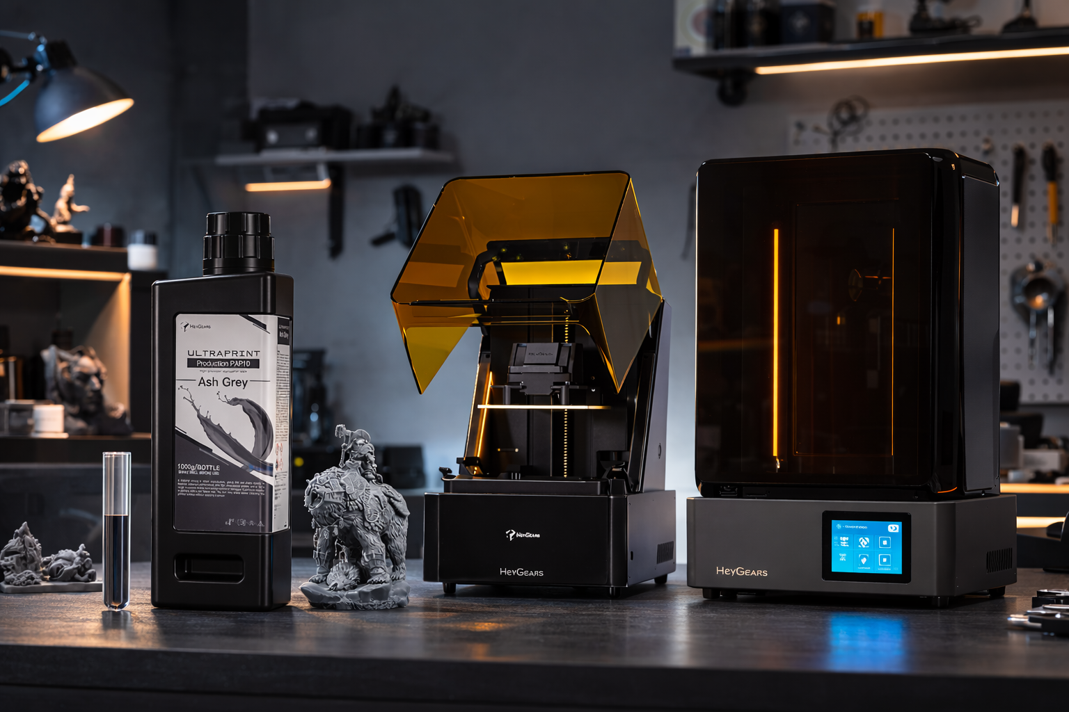 HeyGears 3D printing products displayed in a professional studio workspace.