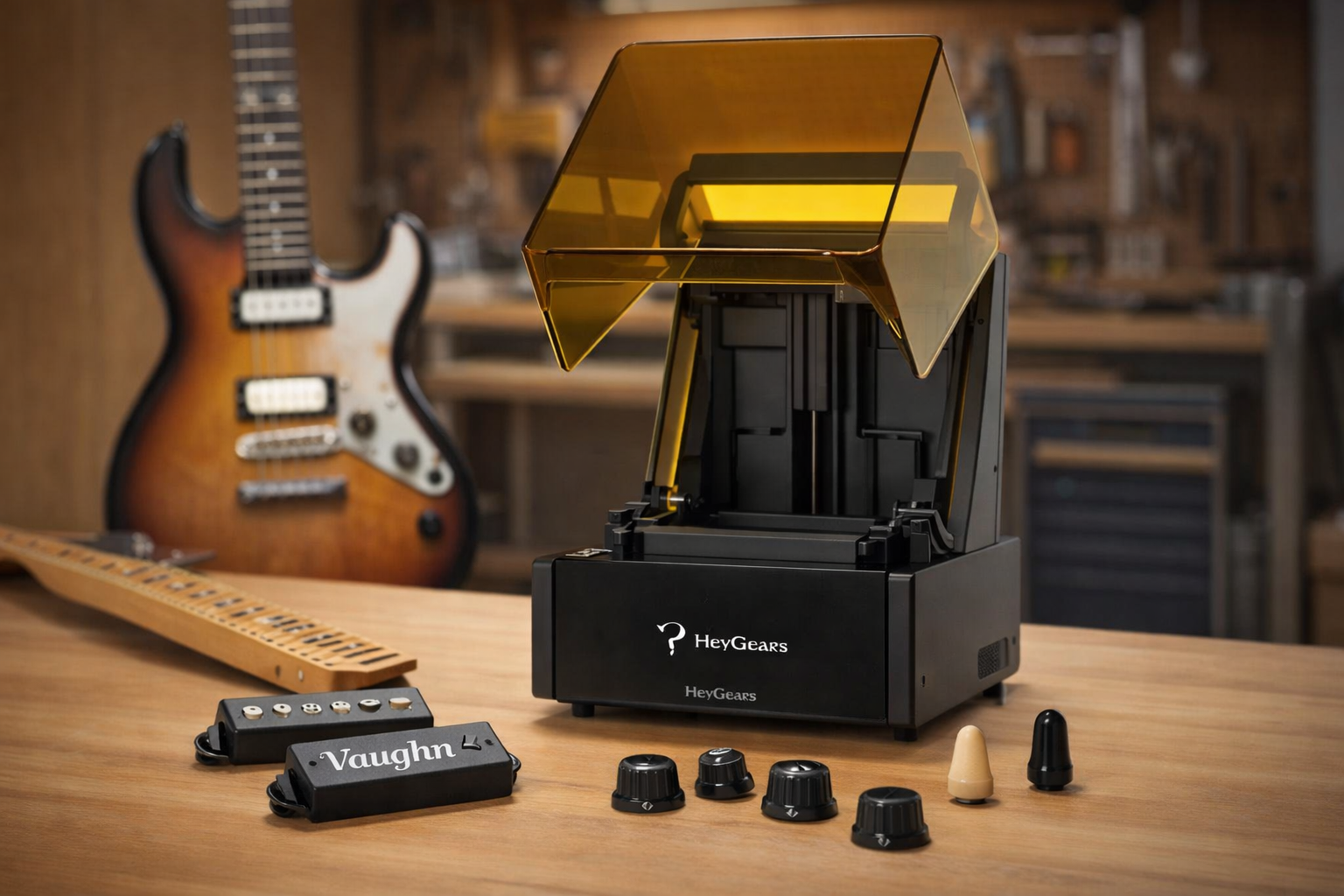 HeyGears Reflex resin 3D printer in a guitar workshop with custom printed guitar components