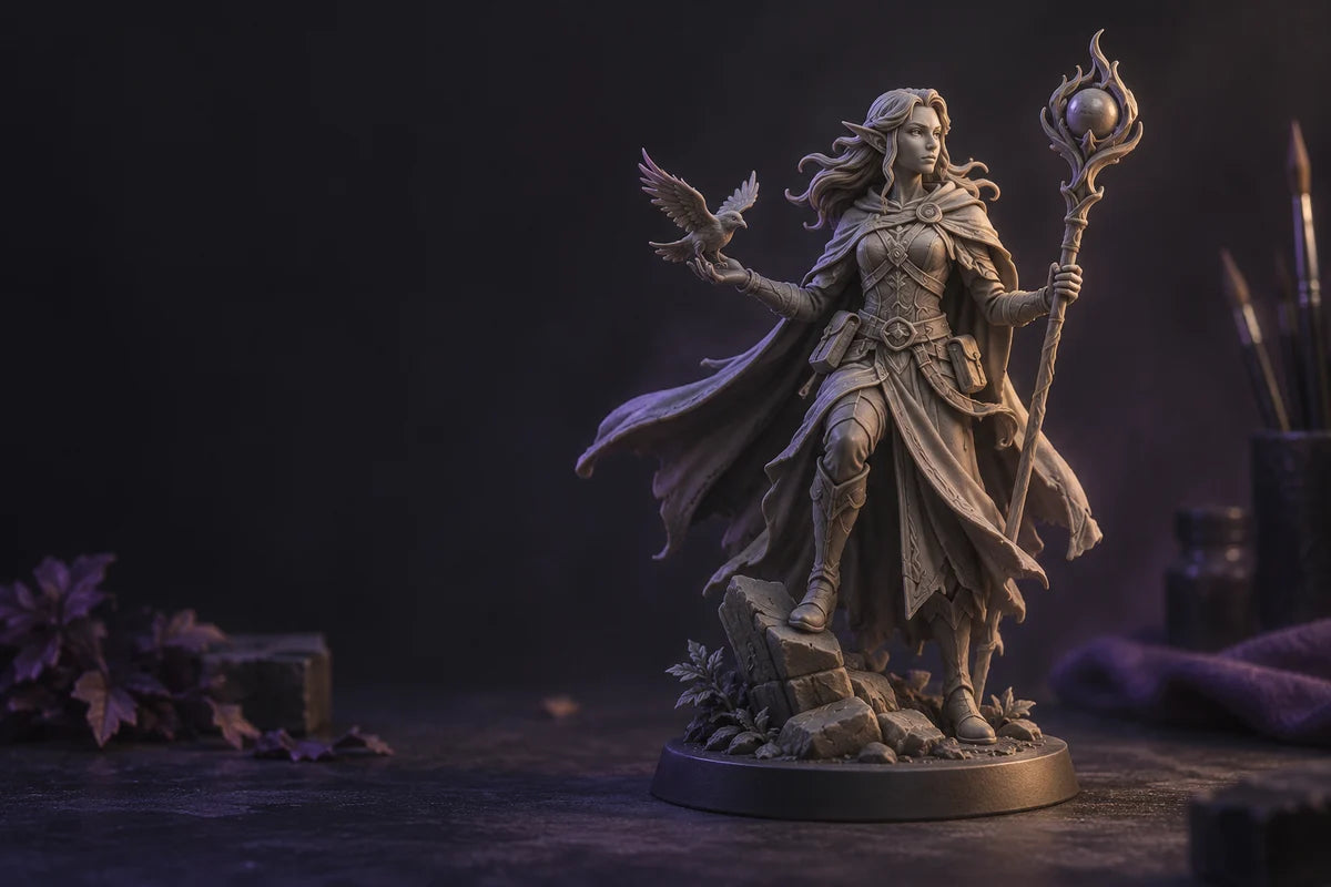 A fantasy tabletop miniature in a dark, violet-accented concept scene.