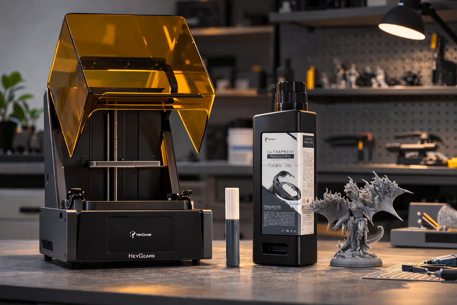 Reflex 3D printer and PAF 10 resin in a professional workshop setting.