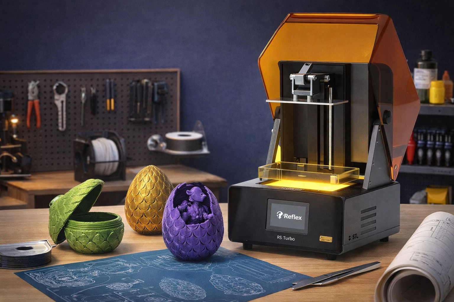 Reflex RS Turbo 3D printer in a dragon egg printing workshop scene with detailed 3D printed dragon eggs