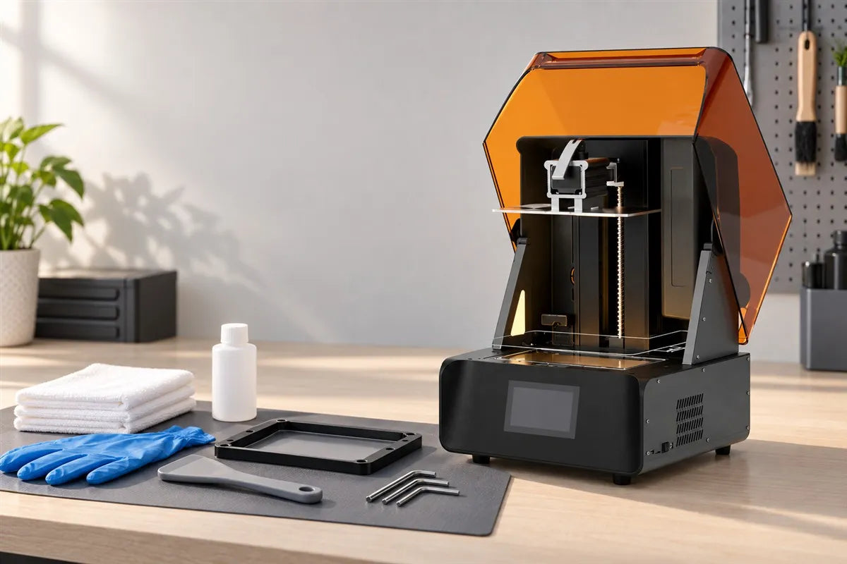 RS Turbo resin 3D printer beside maintenance tools, protective gloves, cloths, and a spare film frame
