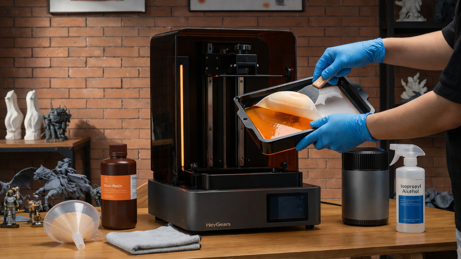Gloved hands pour resin into a 3D printer vat on a workshop table surrounded by printing supplies and miniatures.
