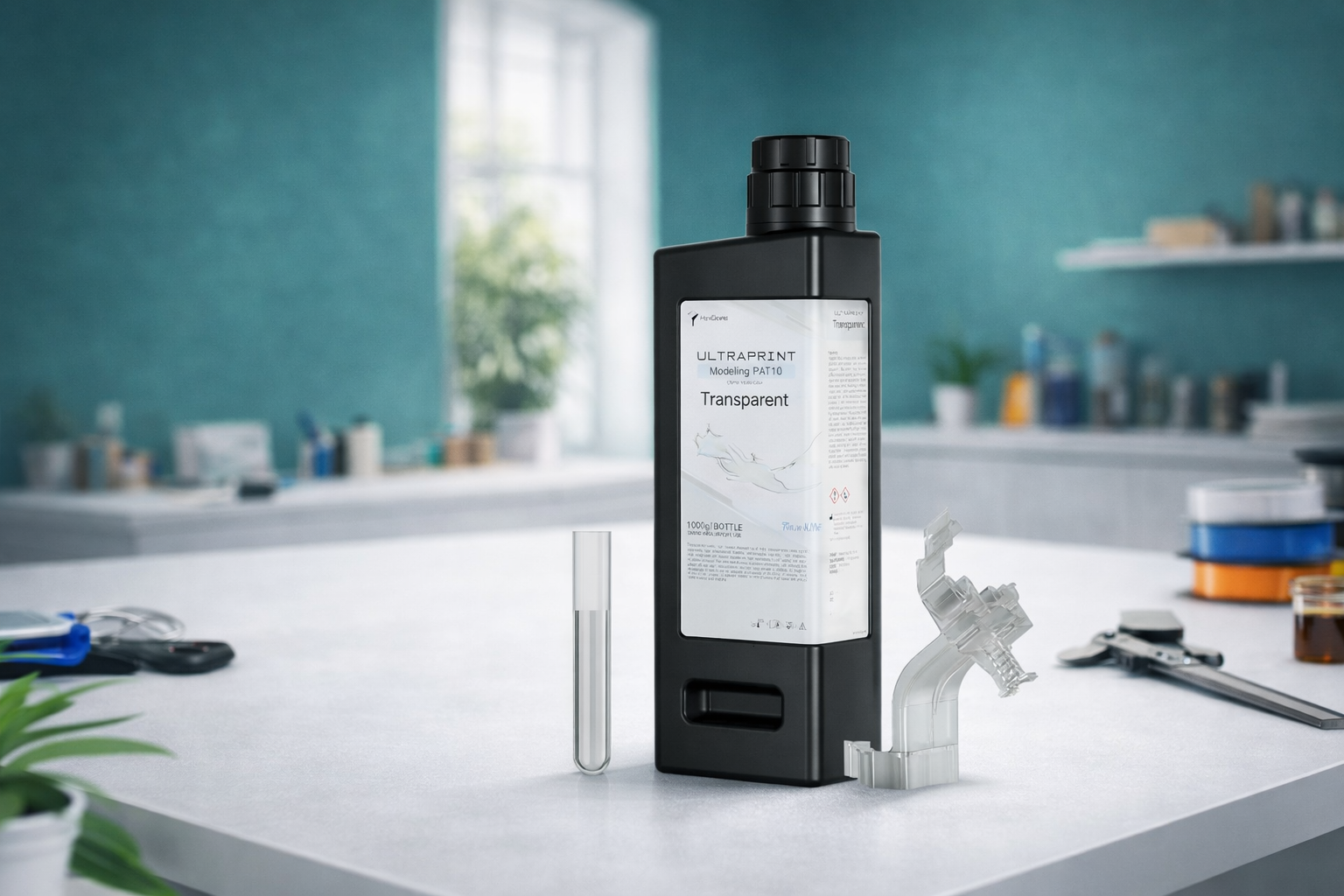 UltraPrint Modeling PAT10 transparent resin bottle with clean 3D printing workspace background