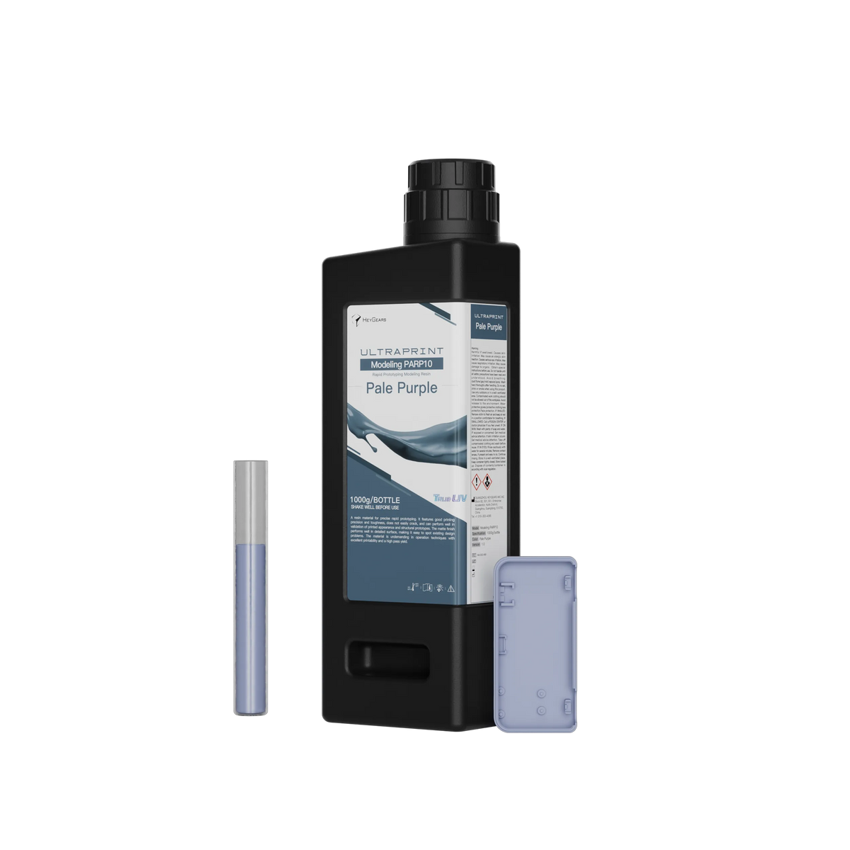 UltraPrint-Modeling PARP10 Rapid Prototyping Modeling Resin bottle with printed sample parts in Pale Purple