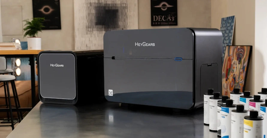 HeyGears G1X 3D Edition printer setup with main unit, accessory module, and ink bottles, highlighting a fast start for first-time creation.