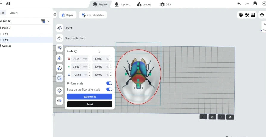 HeyGears Blueprint Studio interface showing 3D beetle model scaling and positioning tools for G1X 3D Edition print preparation.