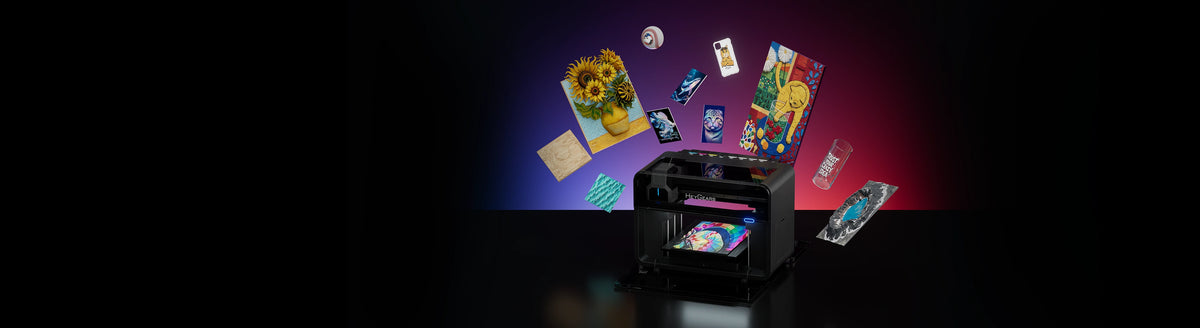 HeyGears G1X Series desktop full-color 3D and UV printer with colorful models and customized products.