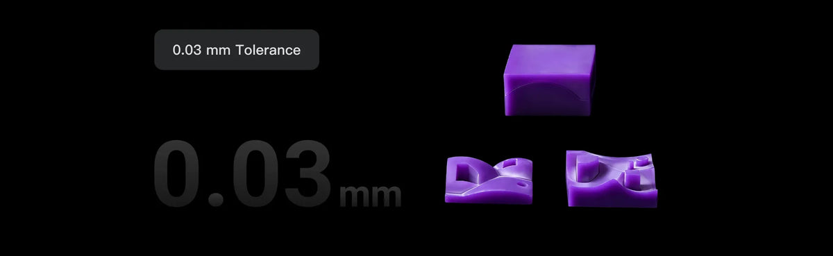 Dimensional accuracy graphic for HeyGears PAC10 wax casting resin showing 0.03 mm tolerance with precise test parts for casting applications.