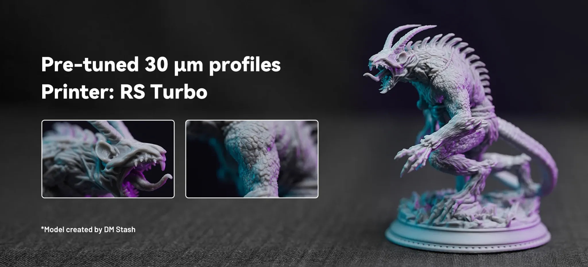 High-detail winged fantasy miniature printed with HeyGears PAP10 resin at 30 μm on Reflex RS Turbo, showing fine facial and feather details.