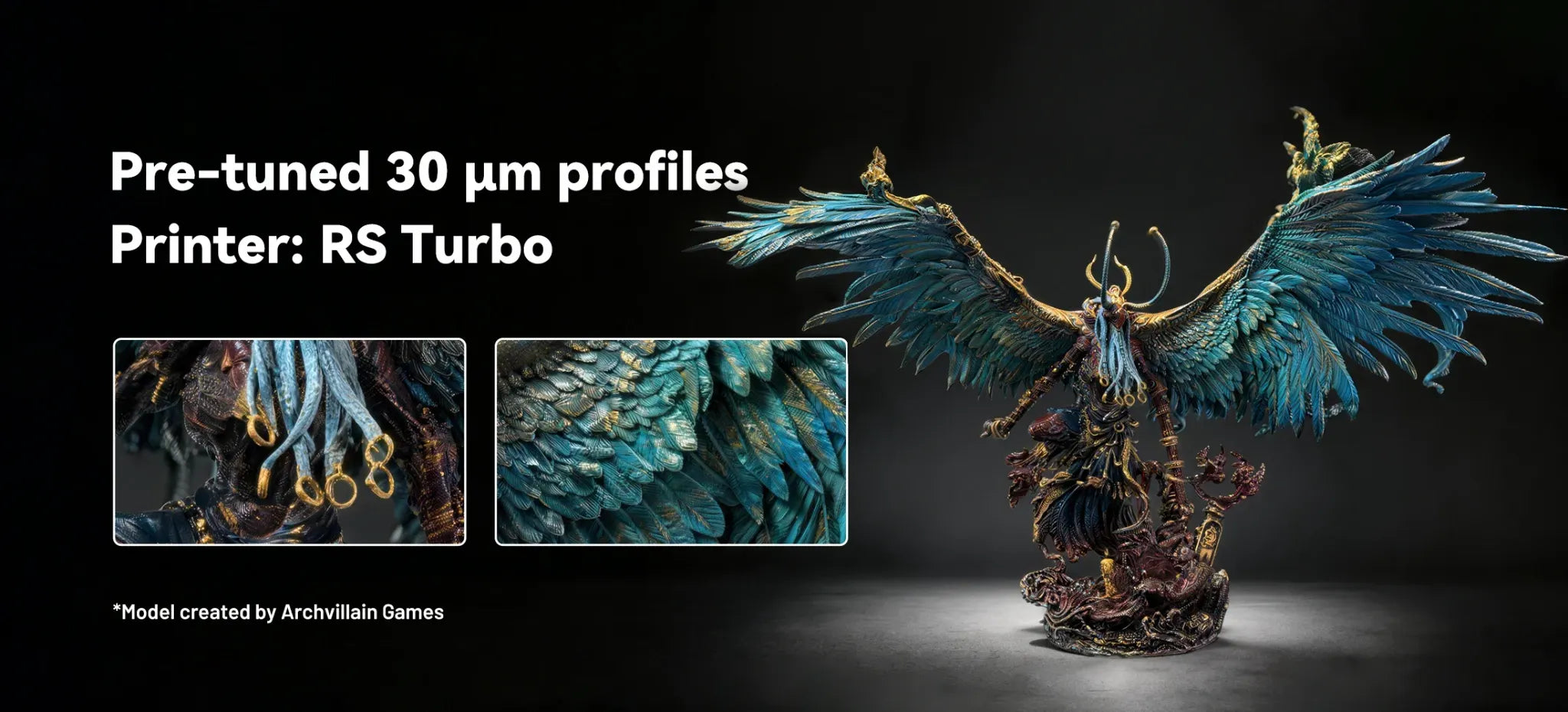 Painted winged fantasy miniature printed with HeyGears PAP10 resin on Reflex RS Turbo using a pre-tuned 30 μm profile.
